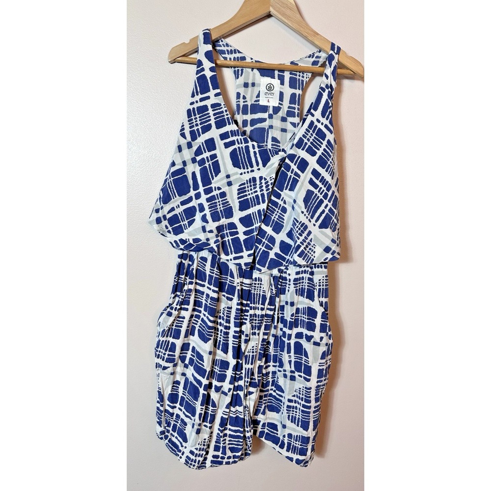 EVER By Nordstrom Romper Dress Large Blue White 100 Silk Romper Pockets Vacay L‎